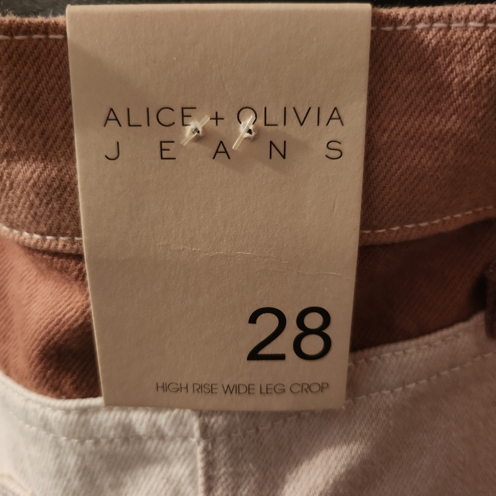 Alice + Olivia White, Tan & Brown Patchwork Wide-Leg Cropped Jeans - Picture 5 of 7